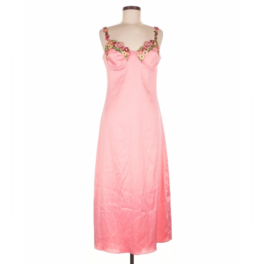 Vici Pink Satin Slip Dress with Floral Embroidery size large